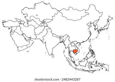 Map of the continent of Asia with country borders. Map of Cambodia