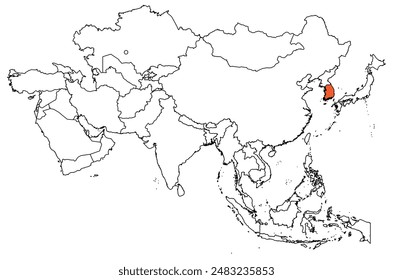 Map of the continent of Asia with country borders. Map of South Korea