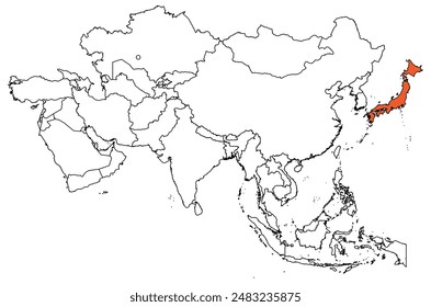Map of the continent of Asia with country borders. Map of Japan