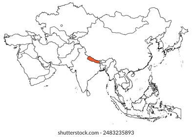 Map of the continent of Asia with country borders. Map of Nepal