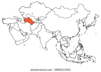 Map of the continent of Asia with country borders. Map of Turkmenistan