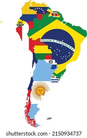 Map of the continent of South America with states with national flags