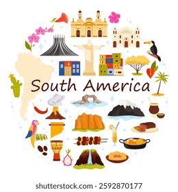 Map of continent, waterfall and volcano, Brasilia Cathedral and Church cartoon vector illustration. Travel to South America set, culture elements and landmarks, food in round infographic banner