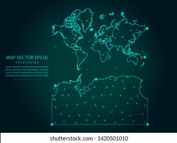 Map of continents With Antarctica - Abstract mash line and point scales on dark gradient background. Wire Frame 3D mesh polygonal network line, design sphere, dot and structure. Vector  