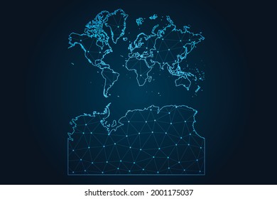 Mapa de continentes Con Antártida , Línea de mash abstracto y escalas de puntos sobre fondo oscuro para el logo del mapa de diseño de su sitio web, app, ui, Travel. Ilustración vectorial eps 10.