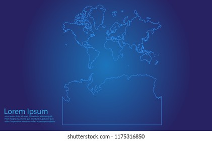 Map of continents With Antarctica - With glowing point and lines scales on the dark gradient background.congoDR map with country borders, thin Blue outline on Dark background.