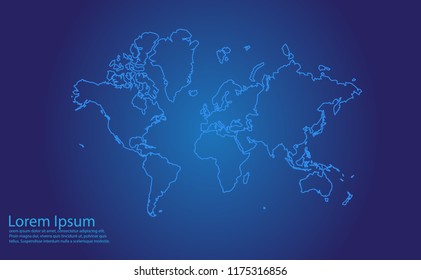 Map of continents - With glowing point and lines scales on the dark gradient background.continents map with country borders, thin Blue outline on Dark background.