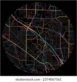 Karte von CoonRapids, Minnesota mit allen wichtigen und kleineren Straßen, Eisenbahnen und Wasserstraßen. Farbige Linienkunst auf schwarzem Hintergrund.