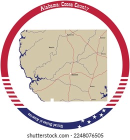 Map of Coosa county in Alabama, USA arranged in a circle.