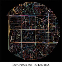 Karte von CoralSprings, Florida mit allen wichtigen und kleineren Straßen, Eisenbahnen und Wasserstraßen. Farbige Linienkunst auf schwarzem Hintergrund.