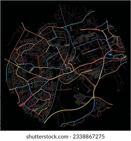 Map of Corby, East Midlands with all major and minor roads, railways and waterways. Colorful line art on black background.