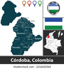 Map of Cordoba department with municipalities and location on Colombian map. Vector image