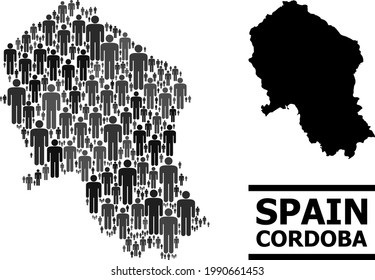 Map of Cordoba Spanish Province for social projects. Vector demographics mosaic. Mosaic map of Cordoba Spanish Province constructed of man pictograms. Demographic concept in dark grey color tones.