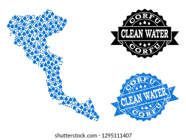 Map of Corfu Island vector mosaic and clean water grunge stamp. Map of Corfu Island designed with blue water drops. Seal with unclean rubber texture for clean drinking water.