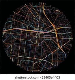 Map of Corona, California with all major and minor roads, railways and waterways. Colorful line art on black background.