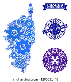 Map of Corsica created with blue wheel components, and isolated scratched seals for official repair services. Vector abstract mosaic of map of Corsica with repair symbols in blue color tinges.