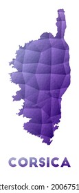 Mapa de Córcega. Baja ilustración policial de la isla. Diseño geométrico púrpura. Ilustración vectorial poligonal.