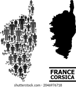 Map of Corsica for national agitation. Vector population collage. Concept map of Corsica created of guy pictograms. Demographic concept in dark gray color tones.