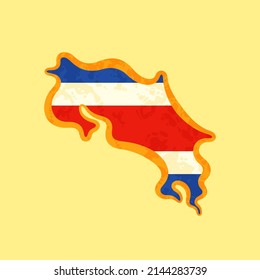 Map of Costa Rica colored with the flag and marked with a golden line in grunge vintage style.