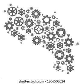 Map of Costa Rica created with gray engine symbols. Vector abstract collage of map of Costa Rica with mechanics symbols. Engineering flat design for industry purposes.