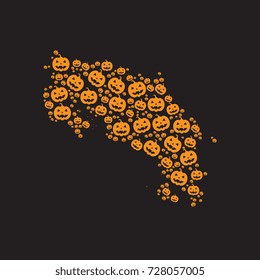 map of costa rica filled with pumpkins heads for halloween illustration and greatings cards