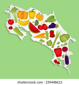 Map of Costa Rica full of fruits and vegetables (tomato , apple, orange , eggplant, cabbage, cucumber , broccoli, grapes, arugula, banana, peppers, celery, strawberries, watermelon, carrot). 