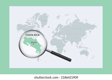 Map of Costa Rica on political world map with magnifying glass