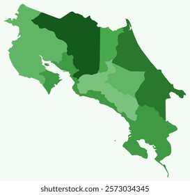 Map of Costa Rica with regions. Just a simple country border map with region division. Green color palette. Flat Republic of Costa Rica shape with administrative division. Vector illustration.