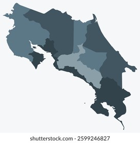 Map of Costa Rica with regions. A simple country border map with regional divisions in a blue-grey color palette. Flat vector illustration of the Republic of Costa Rica with administrative divisions.