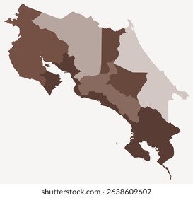 Map of Costa Rica with regions. A simple country border map with regional divisions. Brown color palette. Blank Republic of Costa Rica shape with administrative division. Vector illustration.
