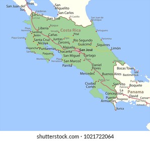 Map of Costa Rica. Shows country borders, urban areas, place names and roads. Labels in English where possible.
Projection: Spherical Mercator.