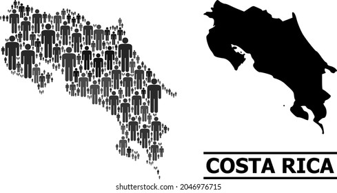 Map of Costa Rica for social projects. Vector population collage. Collage map of Costa Rica done of person items. Demographic scheme in dark grey color hues.