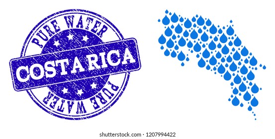 Map of Costa Rica vector mosaic and Pure Water grunge stamp. Map of Costa Rica created with blue liquid drops. Seal with grunge rubber texture for pure drinking water.