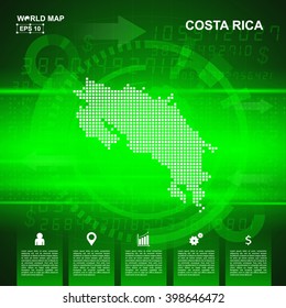 Map Of Costa Rica,Abstract Green background, pixel vector illustration