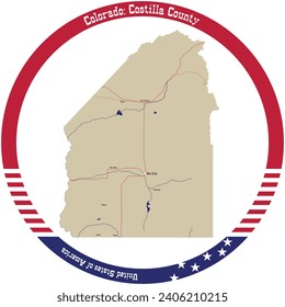 Map of Costilla County in Colorado, USA arranged in a circle.