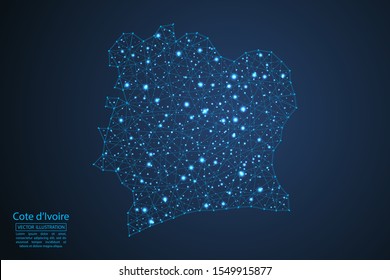 A map of Cote d'Ivoire consisting of 3D triangles, lines, points, and connections. Vector illustration of the EPS 10.
