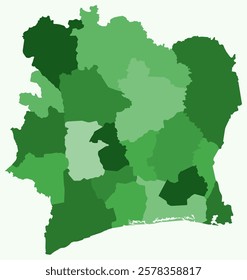 Map of Cote d'Ivoire with regions. Just a simple country border map with region division. Green color palette. Plain Cote d'Ivoire shape with administrative division. Vector illustration.