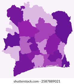 Map of Cote d'Ivoire with regions. Just a simple country border map with region division. Purple color palette. Blank Cote d'Ivoire shape with administrative division. Vector illustration.