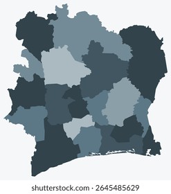 Map of Cote d'Ivoire with regions. A simple country border map with regional divisions in a blue-grey color palette. Flat vector illustration.