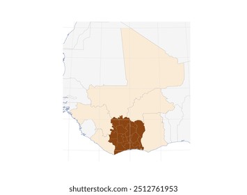 Mapa da Costa do Marfim na África Ocidental: Ilustração Detalhada da Nação com as Nações Vizinhas