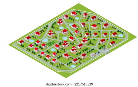 Map of the map of the cottage townhouse bungalow, residential, villa village in isometric 3D illustration view from above. View of streets, houses, plots for the construction and sale of real estate.