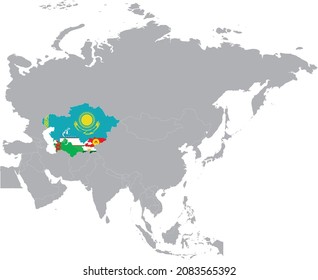 Map of countries of Central region of Asia with national flag inside gray map of Asia