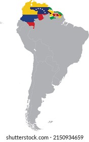 Map of the countries of the northern region of South America with national flags within the gray map of the South American continent