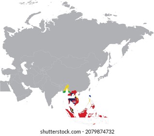 Map of countries of Southeast region of Asia with national flag inside gray map of Asia