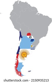 Map of the countries of the southern region of South America with national flags within the gray map of the South American continent