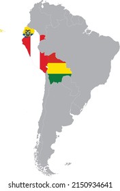 Map of the countries of the western region of South America with national flags within the gray map of the South American continent