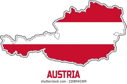  Mapa del país de AUSTRIA en colores de la bandera del país de AUSTRIA.  Con la descripción del nombre del país "AUSTRIA".