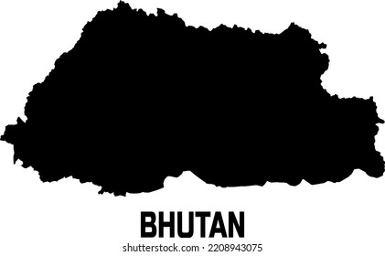 Map of the country of BHUTAN in  black.  With the description of the name of the country " BHUTAN".