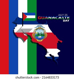 Map of the country of Costa Tica with Guanacaste flag standing in its territory with bold text, Guanacaste Day July 25