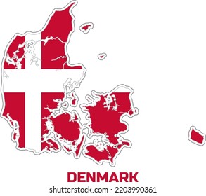Map of the country of DENMARK in the colours of the flag of the country of DENMARK. With the description of the name of the country "DENMARK".